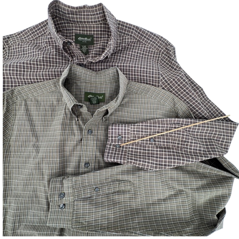Eddie Bauer Mens (2) Tall L Plaid Long Slv Button Down Shirt 100‎ Cotton Casual